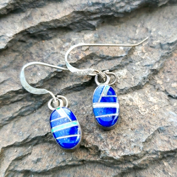 Vtg Genuine Lapis Opal Mosaic Silver Drop Earrings - Picture 14 of 16